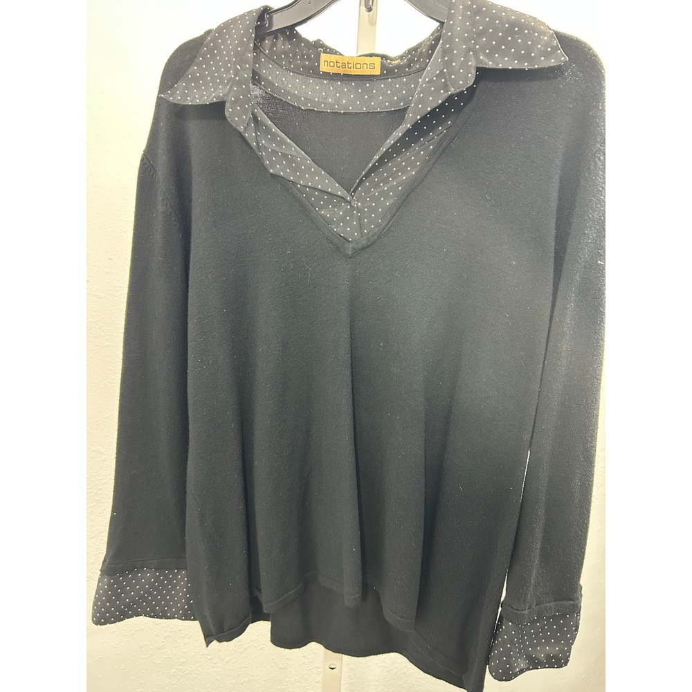 Notations Womens Black‎ V-Neck Sweater Faux Layered Polka Dot Collar Cuffs Large